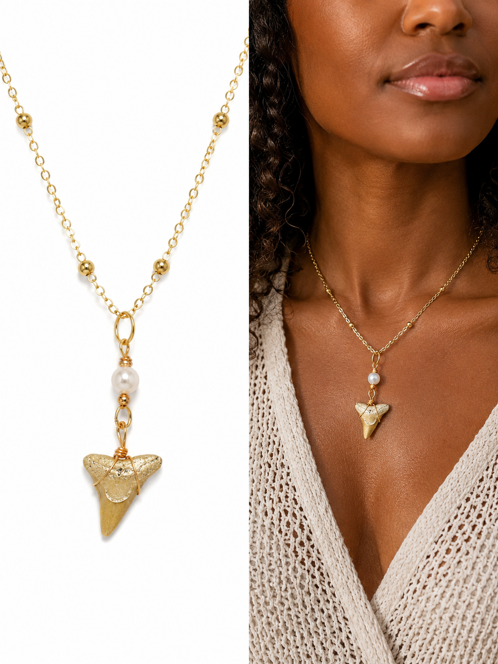 Grace & Grit Necklace — Gold Hand-Painted Bull Shark Tooth & Freshwater Pearl, Gold Beaded Chain | Fossil Shark Tooth Jewelry | Venice FL Collection