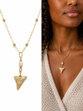 Grace & Grit Necklace — Gold Hand-Painted Bull Shark Tooth & Freshwater Pearl, Gold Beaded Chain | Fossil Shark Tooth Jewelry | Venice FL Collection