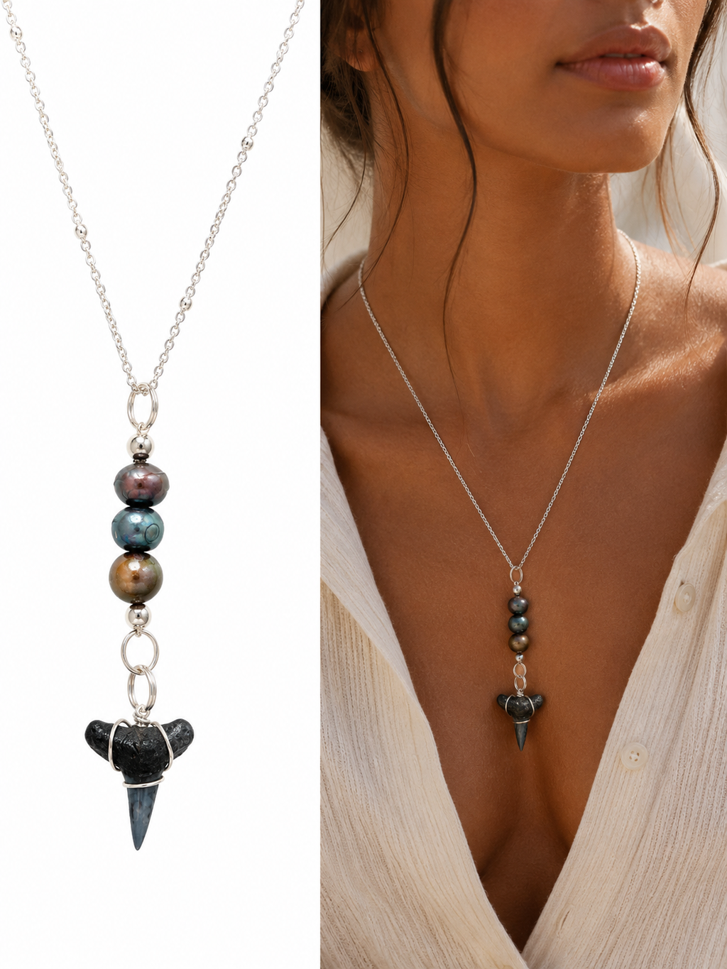 Silver Moon — Lemon Shark Tooth & Freshwater Pearl Necklace on Silver Chain