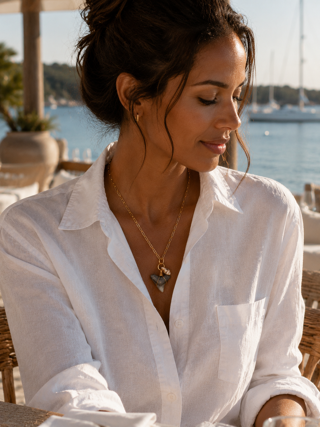 Shell & Stone Necklace — Natural Shark Tooth & Seashell, Gold Paperclip Chain | Fossil Shark Tooth Jewelry | Venice FL Collection
