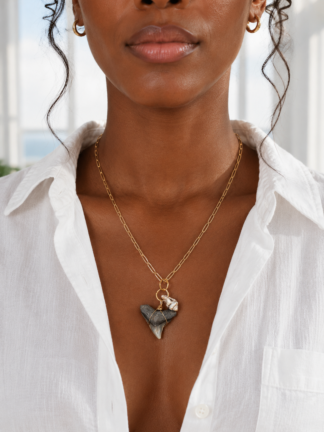 Shell & Stone Necklace — Natural Shark Tooth & Seashell, Gold Paperclip Chain | Fossil Shark Tooth Jewelry | Venice FL Collection
