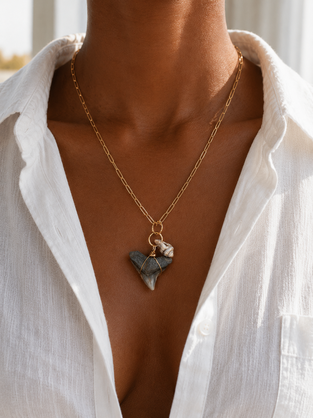 Shell & Stone Necklace — Natural Shark Tooth & Seashell, Gold Paperclip Chain | Fossil Shark Tooth Jewelry | Venice FL Collection
