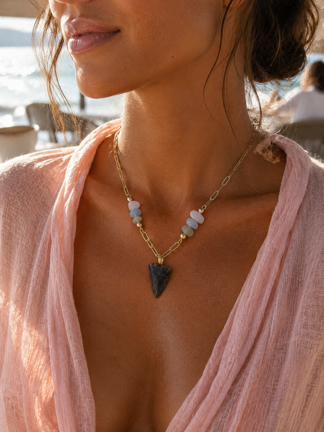 Beautifully Broken Necklace — Hastalis Shark Tooth & Morganite | Fossil Shark Tooth Jewelry | Venice FL Collection