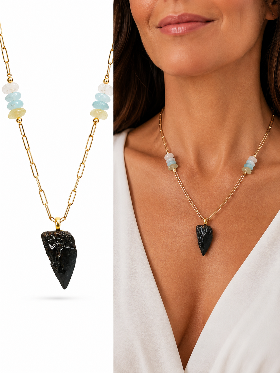 Beautifully Broken Necklace — Hastalis Shark Tooth & Morganite | Fossil Shark Tooth Jewelry | Venice FL Collection