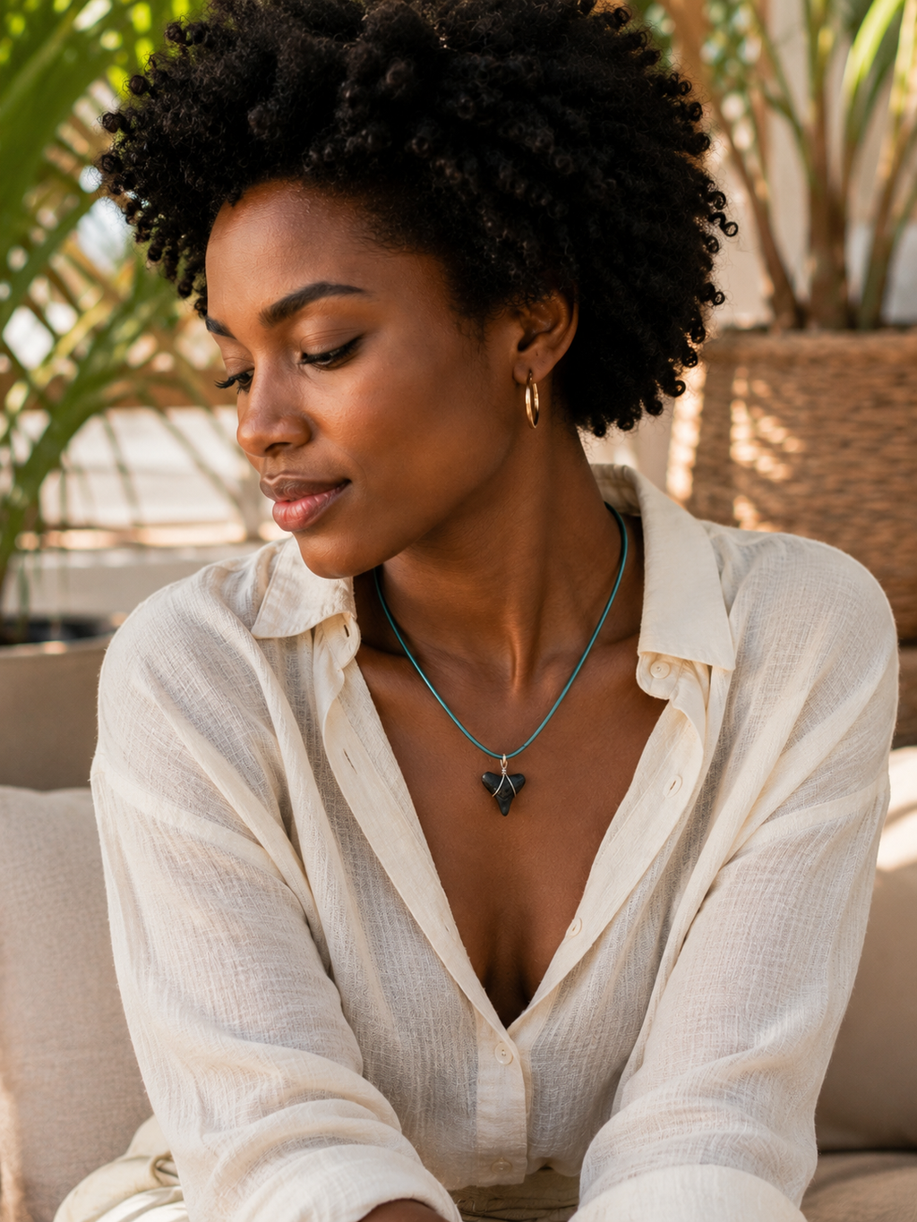 Shark Tooth Necklace on Turquoise Round Leather Cord