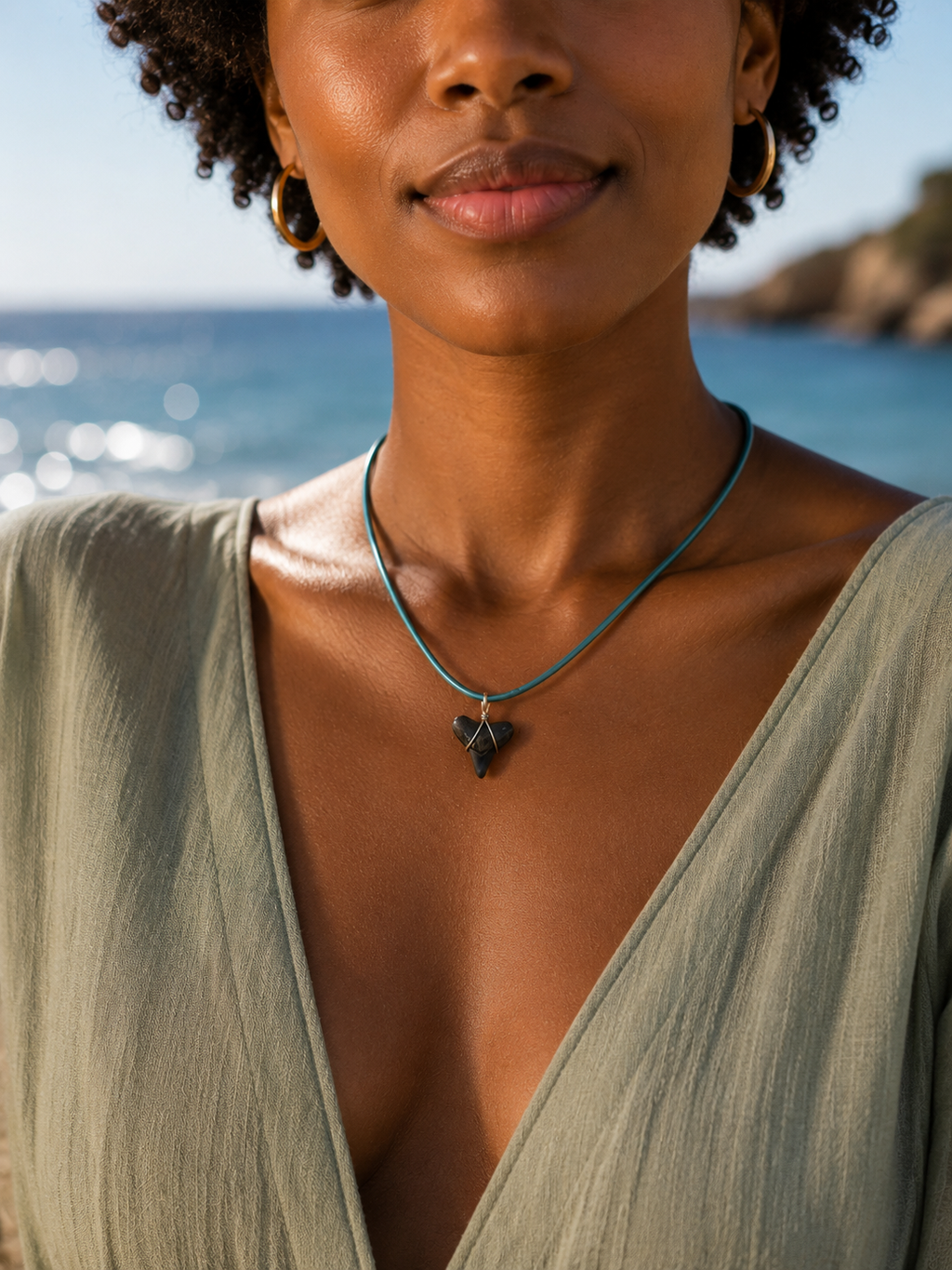 Shark Tooth Necklace on Turquoise Round Leather Cord