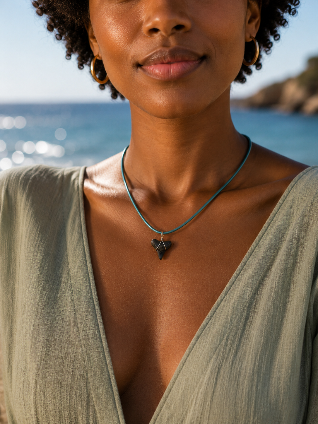 Shark Tooth Necklace on Turquoise Round Leather Cord
