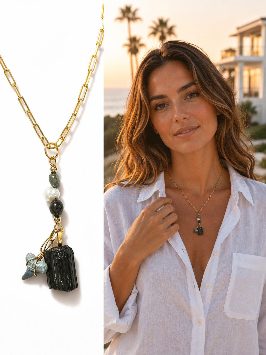 Weight of Water — Fossil Bull Shark Tooth Necklace with Raw Black Tourmaline & Freshwater Pearls, Gold-Plated Paperclip Chain
