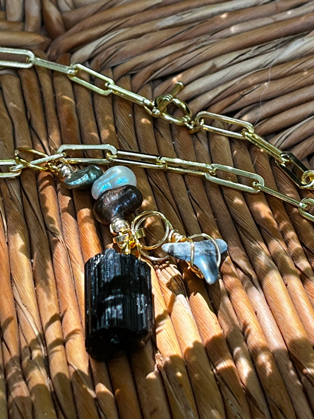Fossil Bull Shark Tooth Necklace with Raw Black Tourmaline & Freshwater Pearls — Gold Plated Paperclip Chain — Choose Your Length