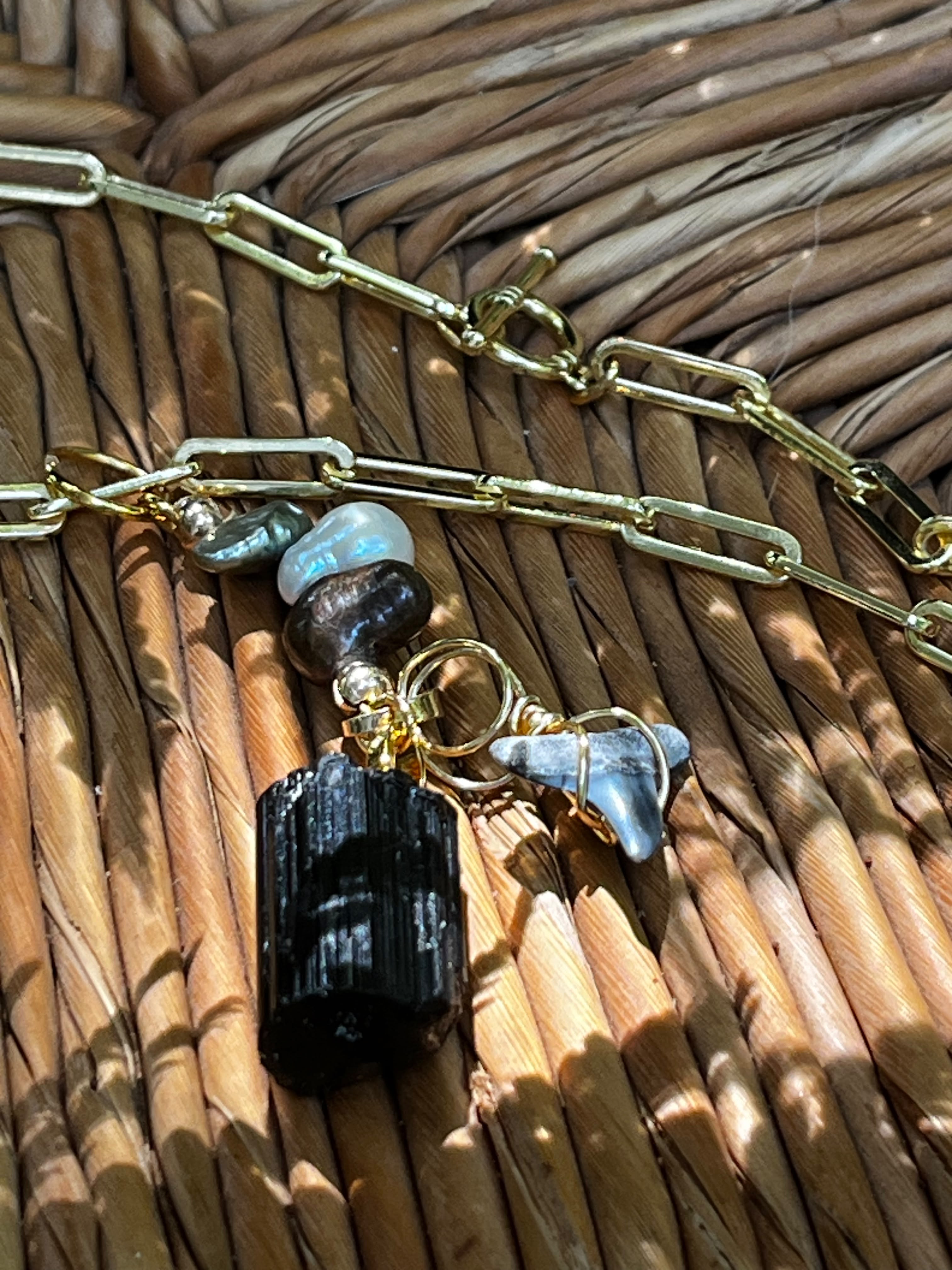 Fossil Bull Shark Tooth Necklace with Raw Black Tourmaline & Freshwater Pearls — Gold Plated Paperclip Chain — Choose Your Length