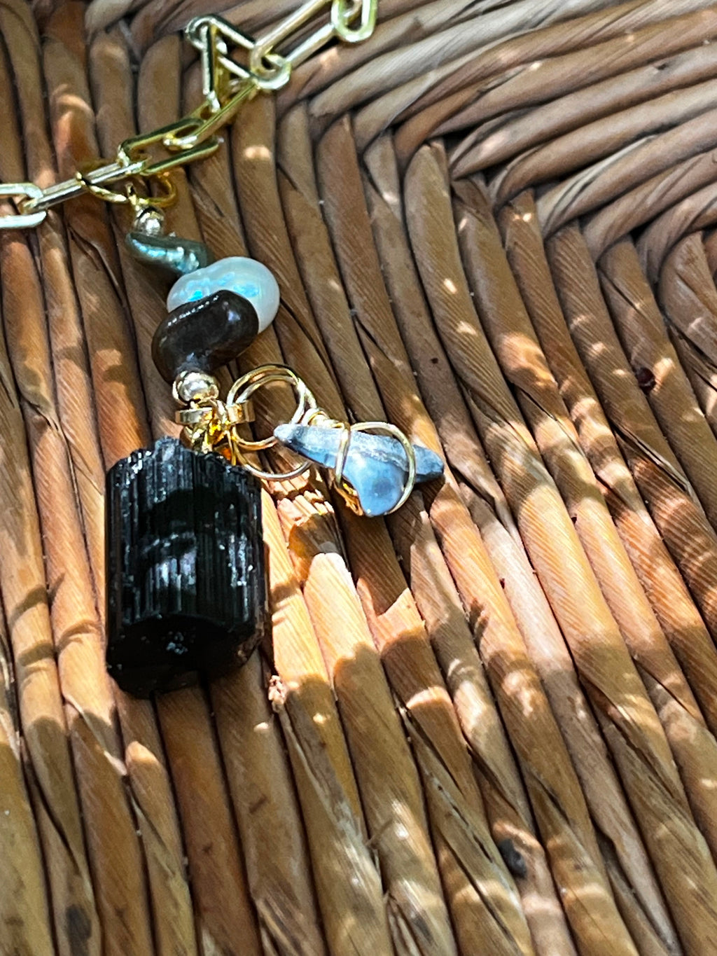 Fossil Bull Shark Tooth Necklace with Raw Black Tourmaline & Freshwater Pearls — Gold Plated Paperclip Chain — Choose Your Length