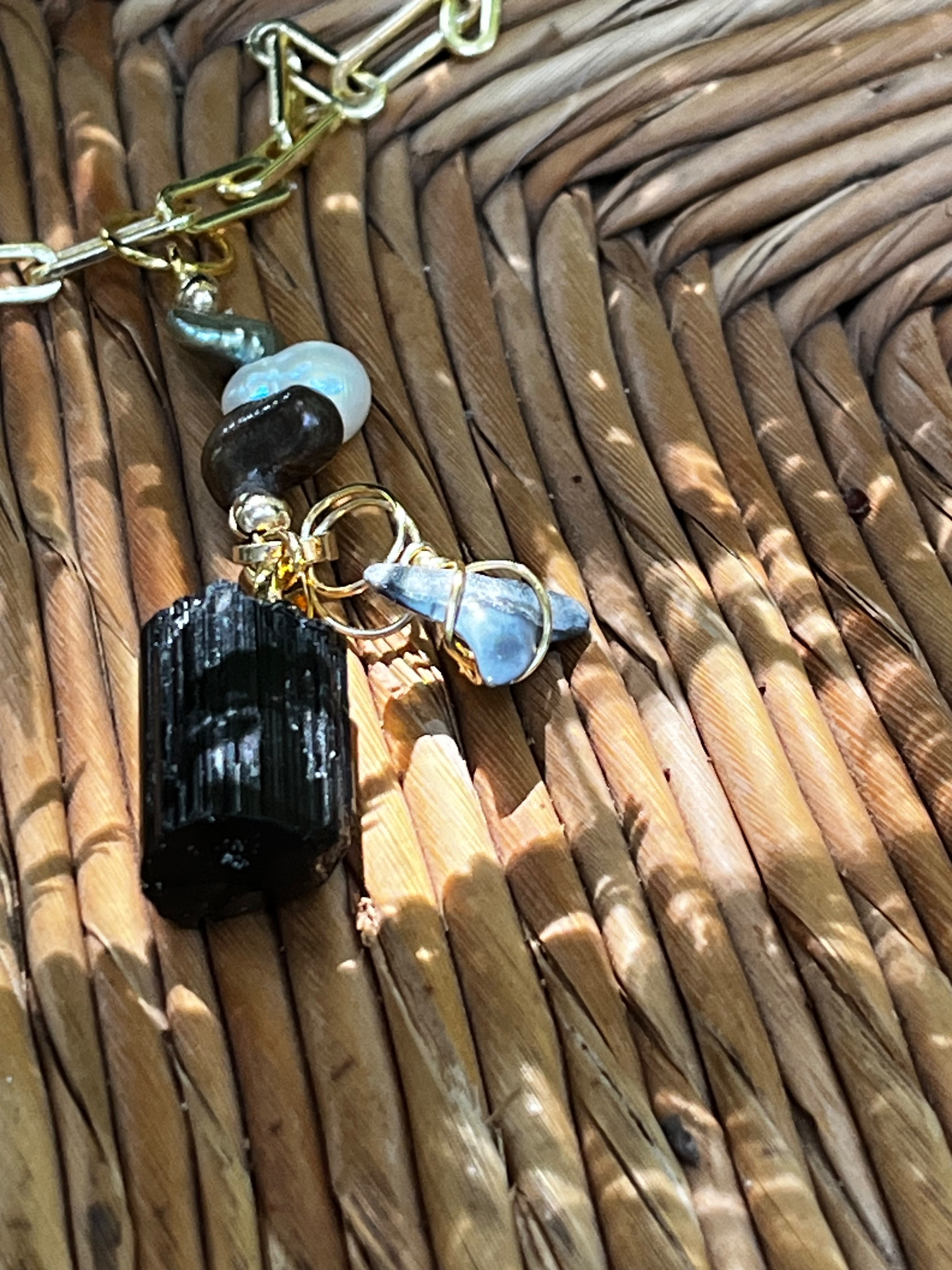 Fossil Bull Shark Tooth Necklace with Raw Black Tourmaline & Freshwater Pearls — Gold Plated Paperclip Chain — Choose Your Length