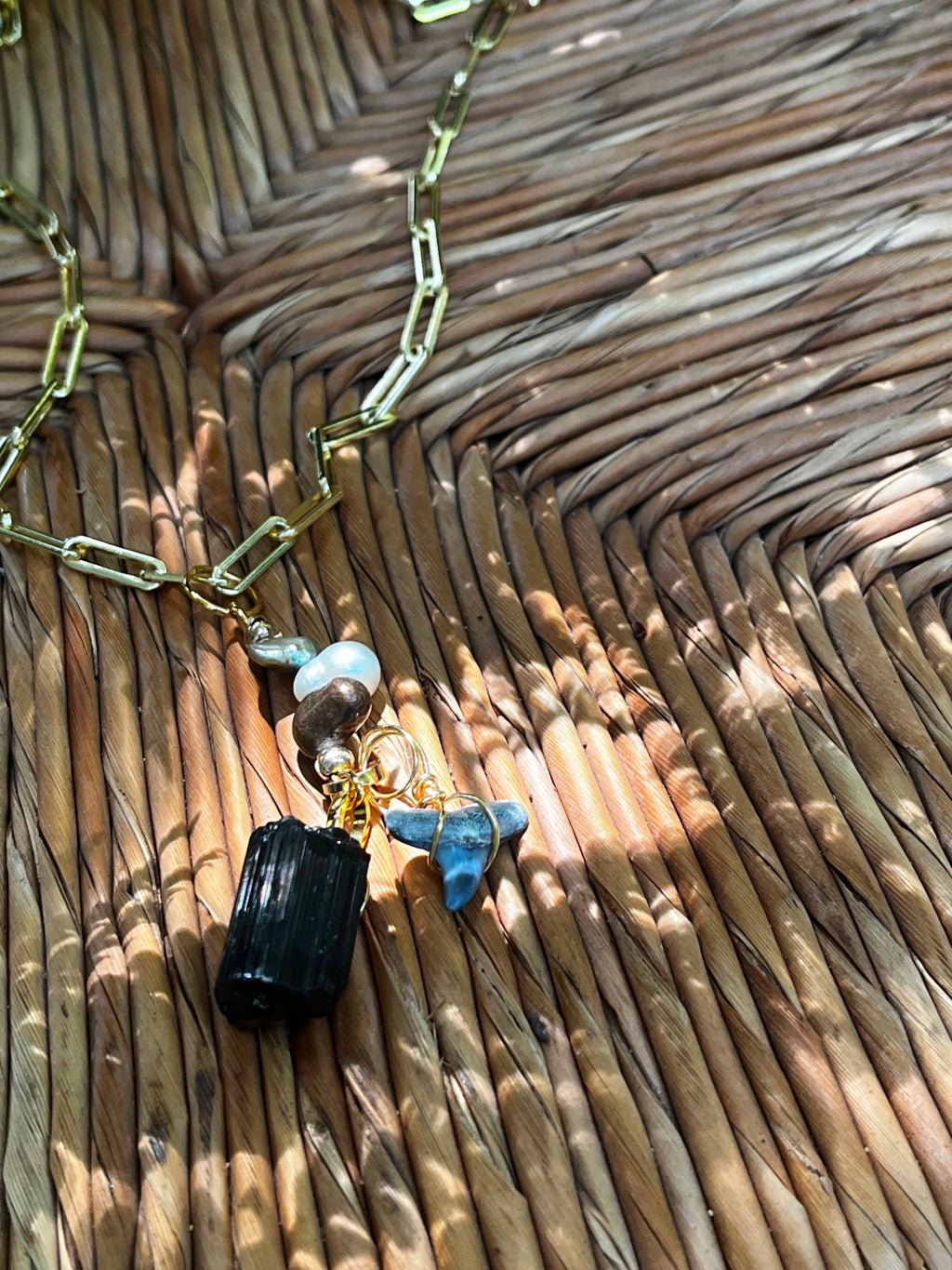 Fossil Bull Shark Tooth Necklace with Raw Black Tourmaline & Freshwater Pearls — Gold Plated Paperclip Chain — Choose Your Length