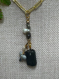 Fossil Bull Shark Tooth Necklace with Raw Black Tourmaline & Freshwater Pearls — Gold Plated Paperclip Chain — Choose Your Length