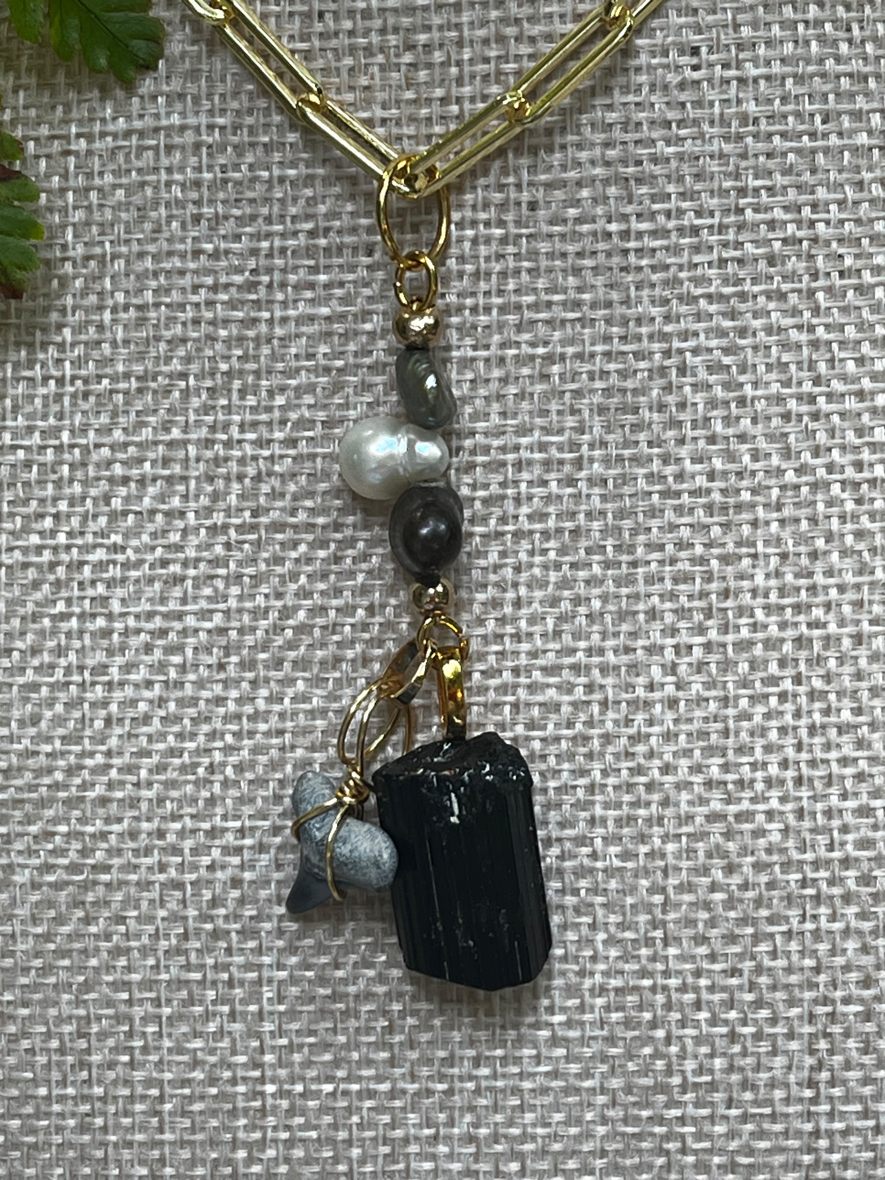 Fossil Bull Shark Tooth Necklace with Raw Black Tourmaline & Freshwater Pearls — Gold Plated Paperclip Chain — Choose Your Length