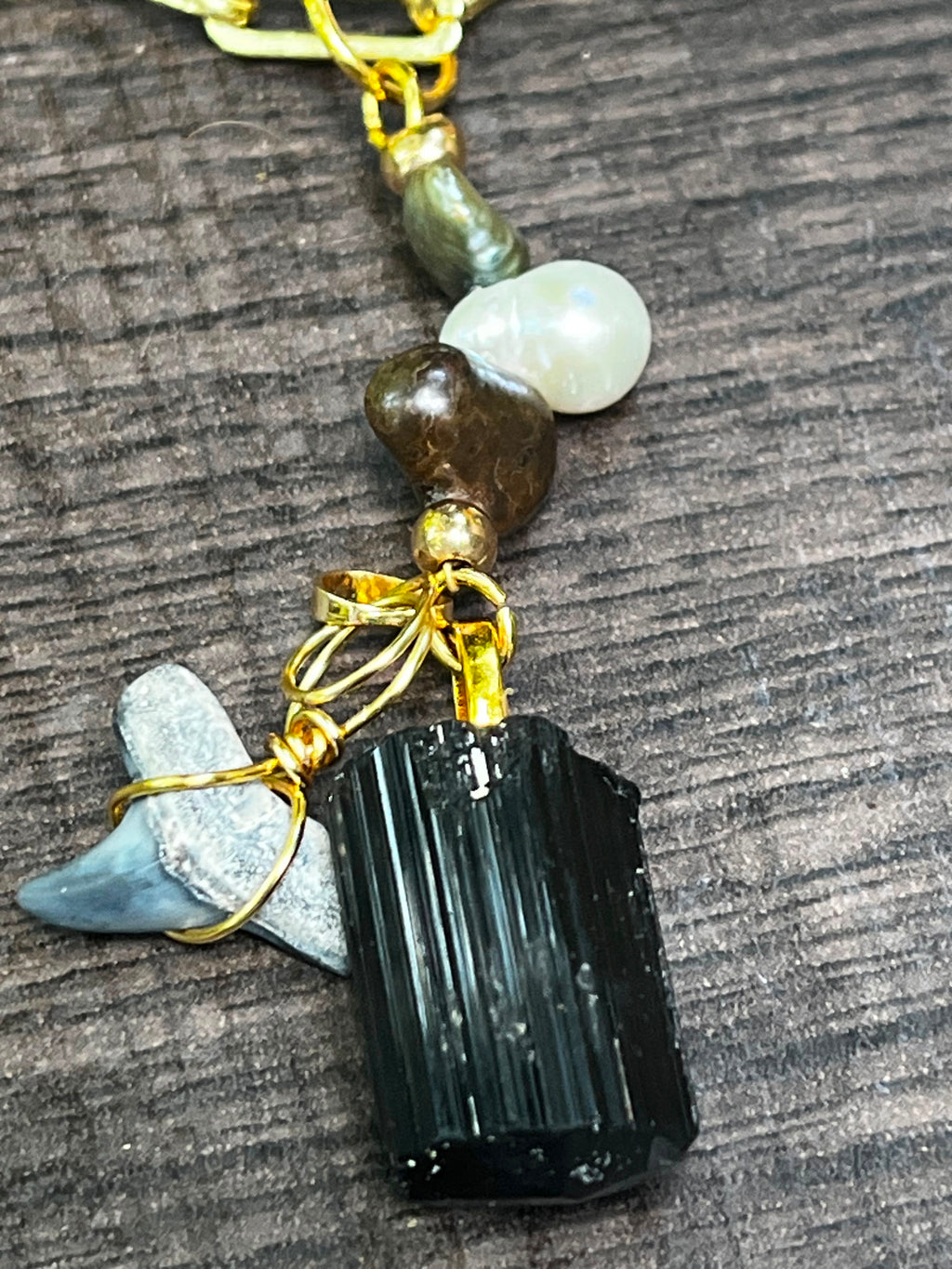 Fossil Bull Shark Tooth Necklace with Raw Black Tourmaline & Freshwater Pearls — Gold Plated Paperclip Chain — Choose Your Length