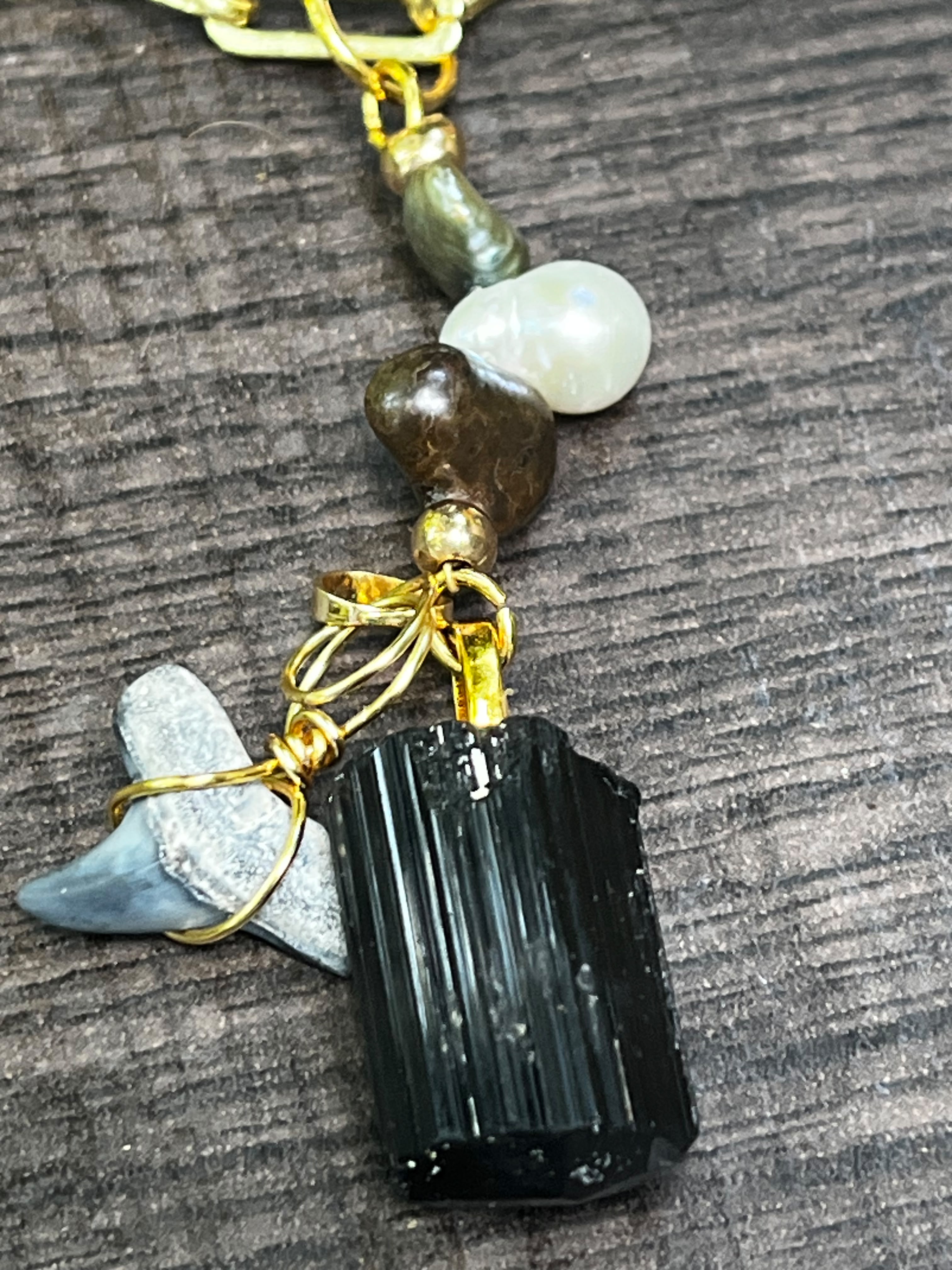 Fossil Bull Shark Tooth Necklace with Raw Black Tourmaline & Freshwater Pearls — Gold Plated Paperclip Chain — Choose Your Length