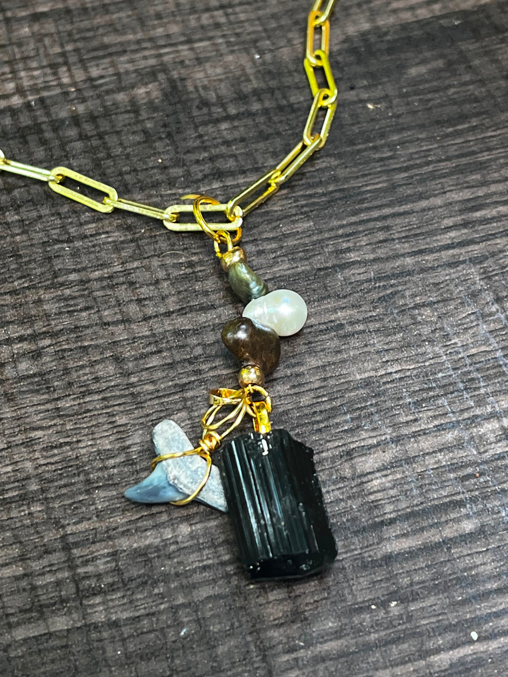 Fossil Bull Shark Tooth Necklace with Raw Black Tourmaline & Freshwater Pearls — Gold Plated Paperclip Chain — Choose Your Length