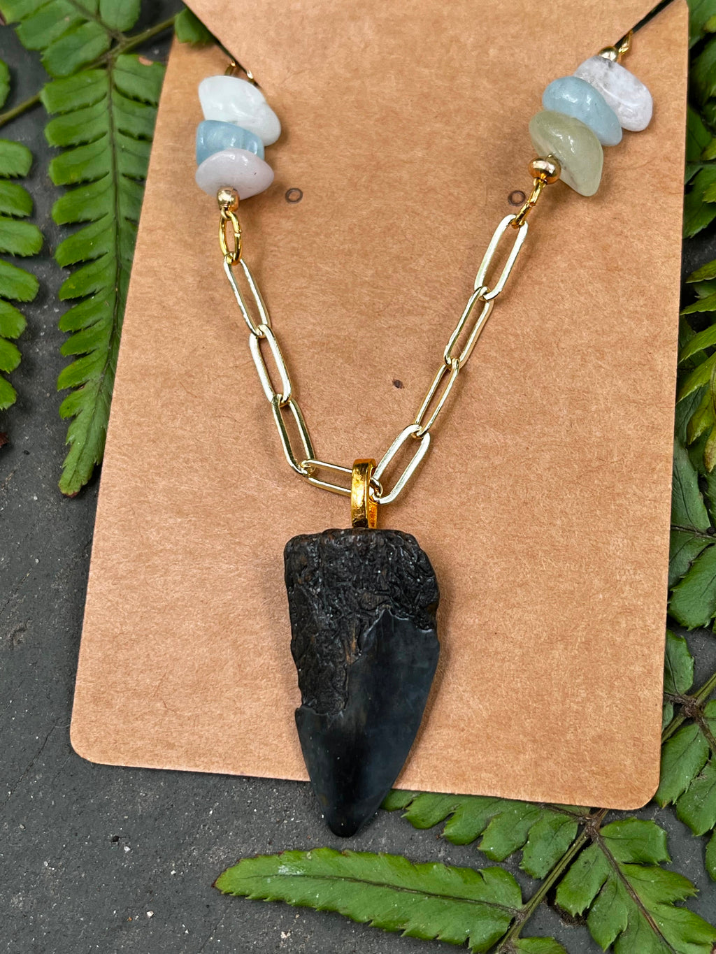 Beautifully Broken Necklace — Hastalis Shark Tooth & Morganite | Fossil Shark Tooth Jewelry | Venice FL Collection