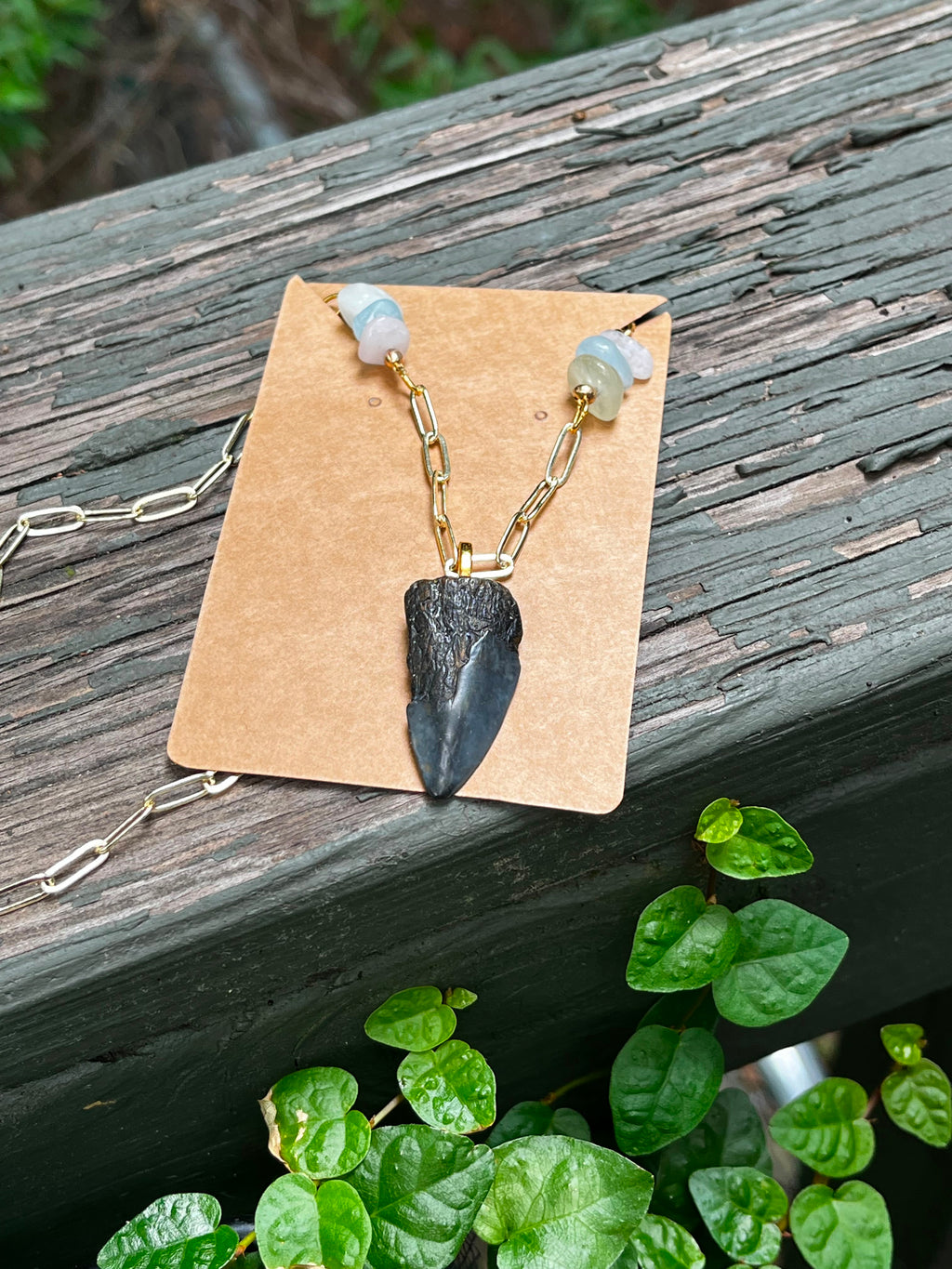 Beautifully Broken Necklace — Hastalis Shark Tooth & Morganite | Fossil Shark Tooth Jewelry | Venice FL Collection