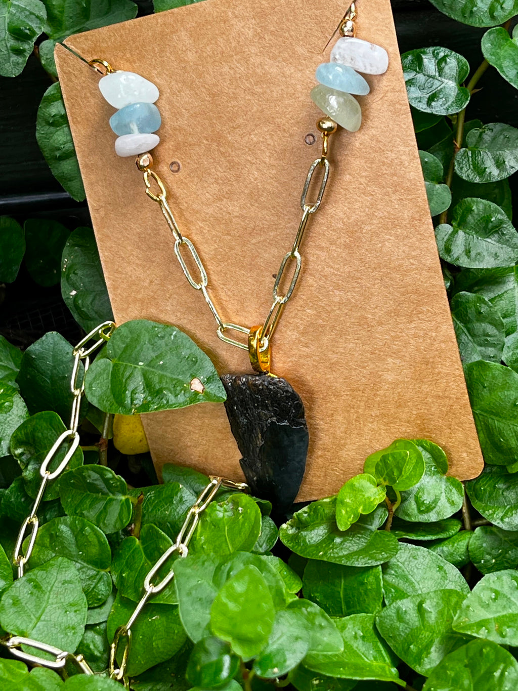 Beautifully Broken Necklace — Hastalis Shark Tooth & Morganite | Fossil Shark Tooth Jewelry | Venice FL Collection