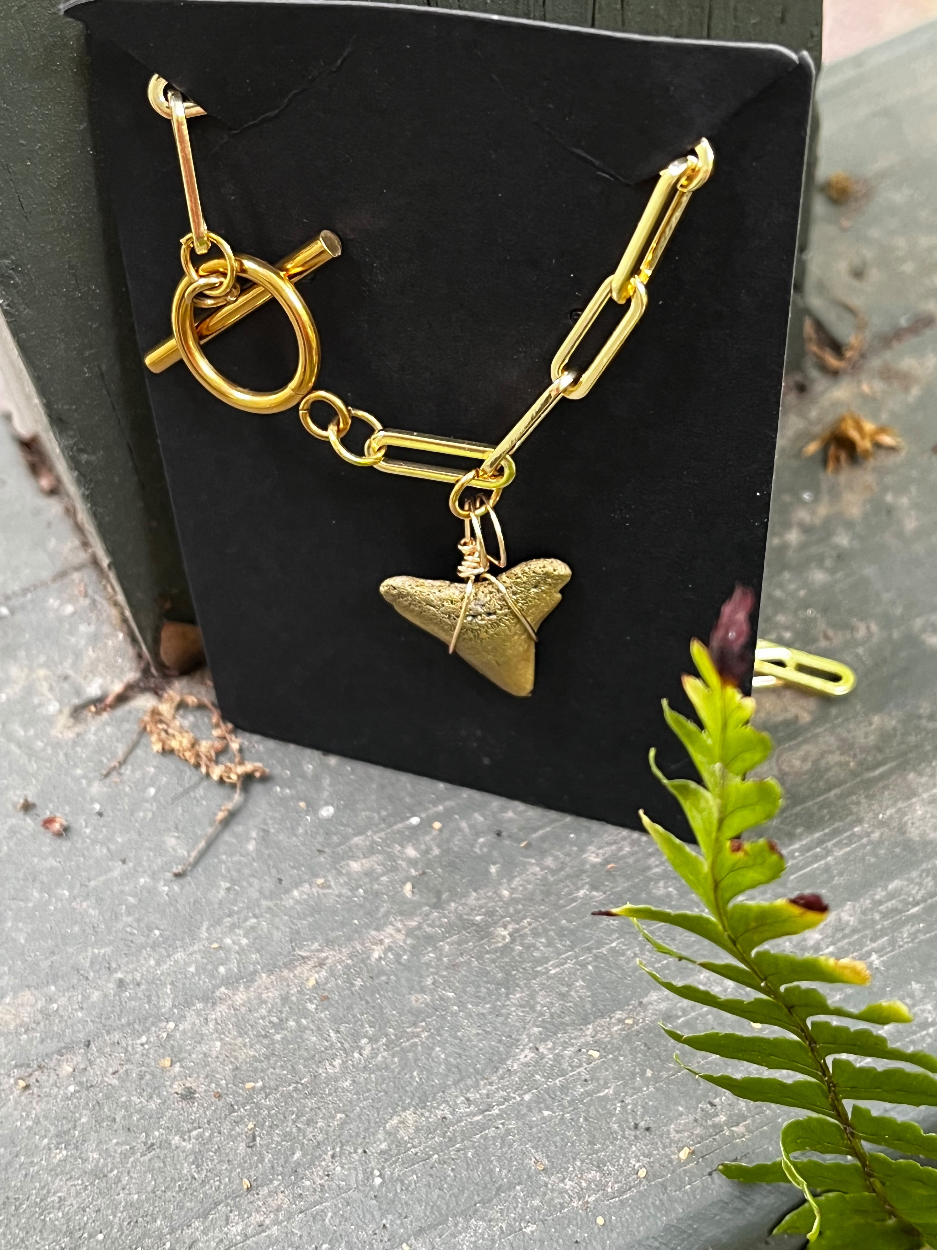 Unlocked Necklace — Gold Hand-Painted Shark Tooth, Paperclip Chain with Statement Front Toggle | Fossil Shark Tooth Jewelry | Venice FL Collection