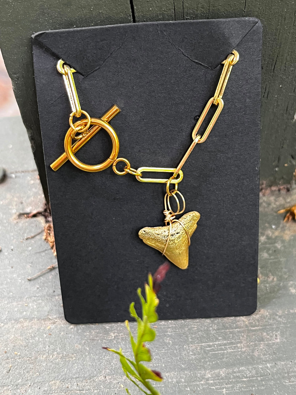 Unlocked Necklace — Gold Hand-Painted Shark Tooth, Paperclip Chain with Statement Front Toggle | Fossil Shark Tooth Jewelry | Venice FL Collection