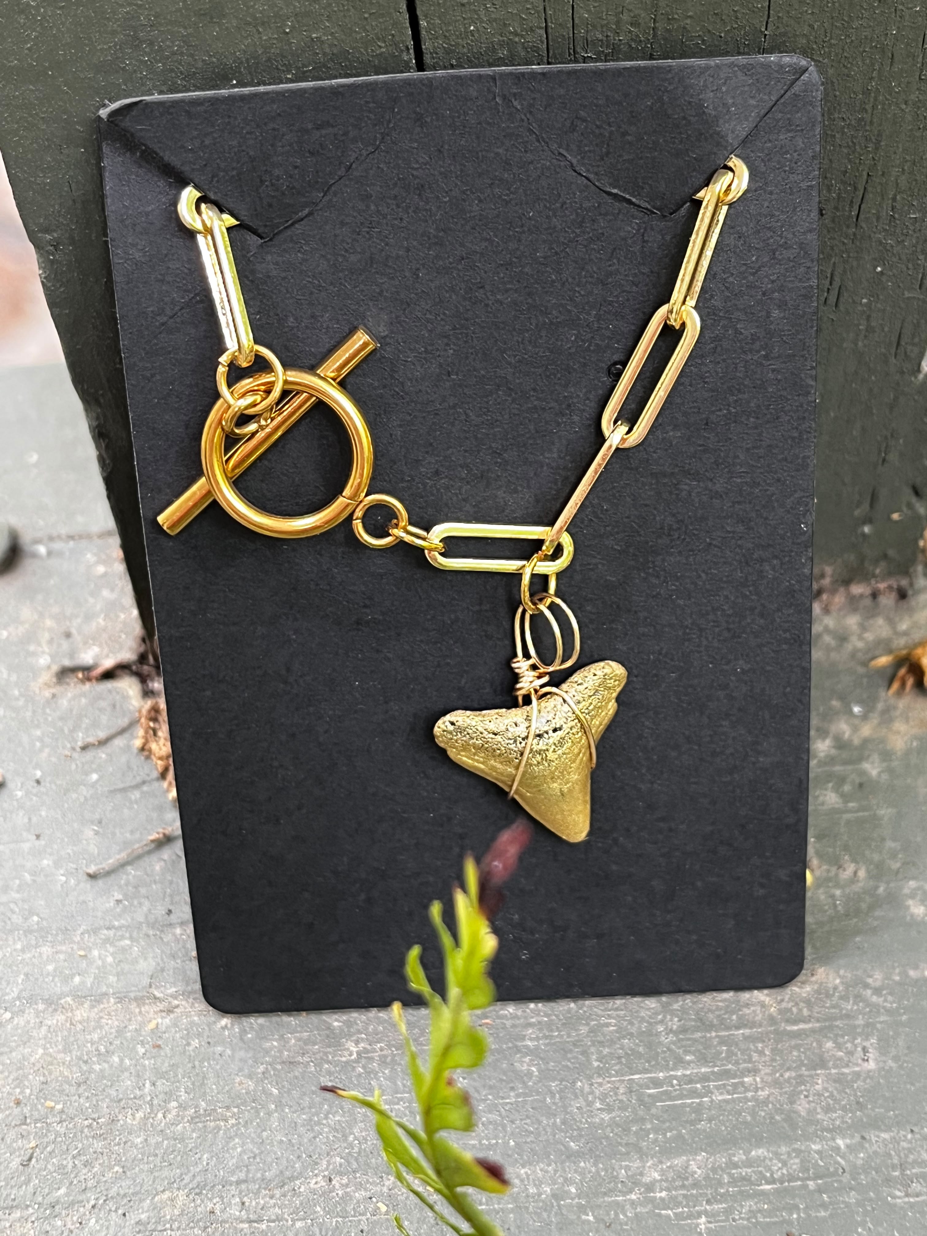 Unlocked Necklace — Gold Hand-Painted Shark Tooth, Paperclip Chain with Statement Front Toggle | Fossil Shark Tooth Jewelry | Venice FL Collection