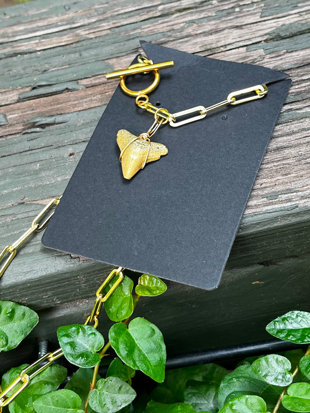 Unlocked Necklace — Gold Hand-Painted Shark Tooth, Paperclip Chain with Statement Front Toggle | Fossil Shark Tooth Jewelry | Venice FL Collection