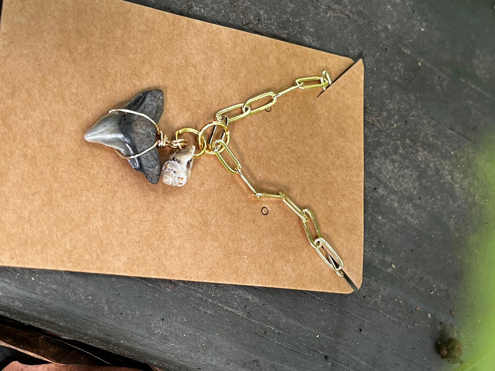 Shell & Stone Necklace — Natural Shark Tooth & Seashell, Gold Paperclip Chain | Fossil Shark Tooth Jewelry | Venice FL Collection