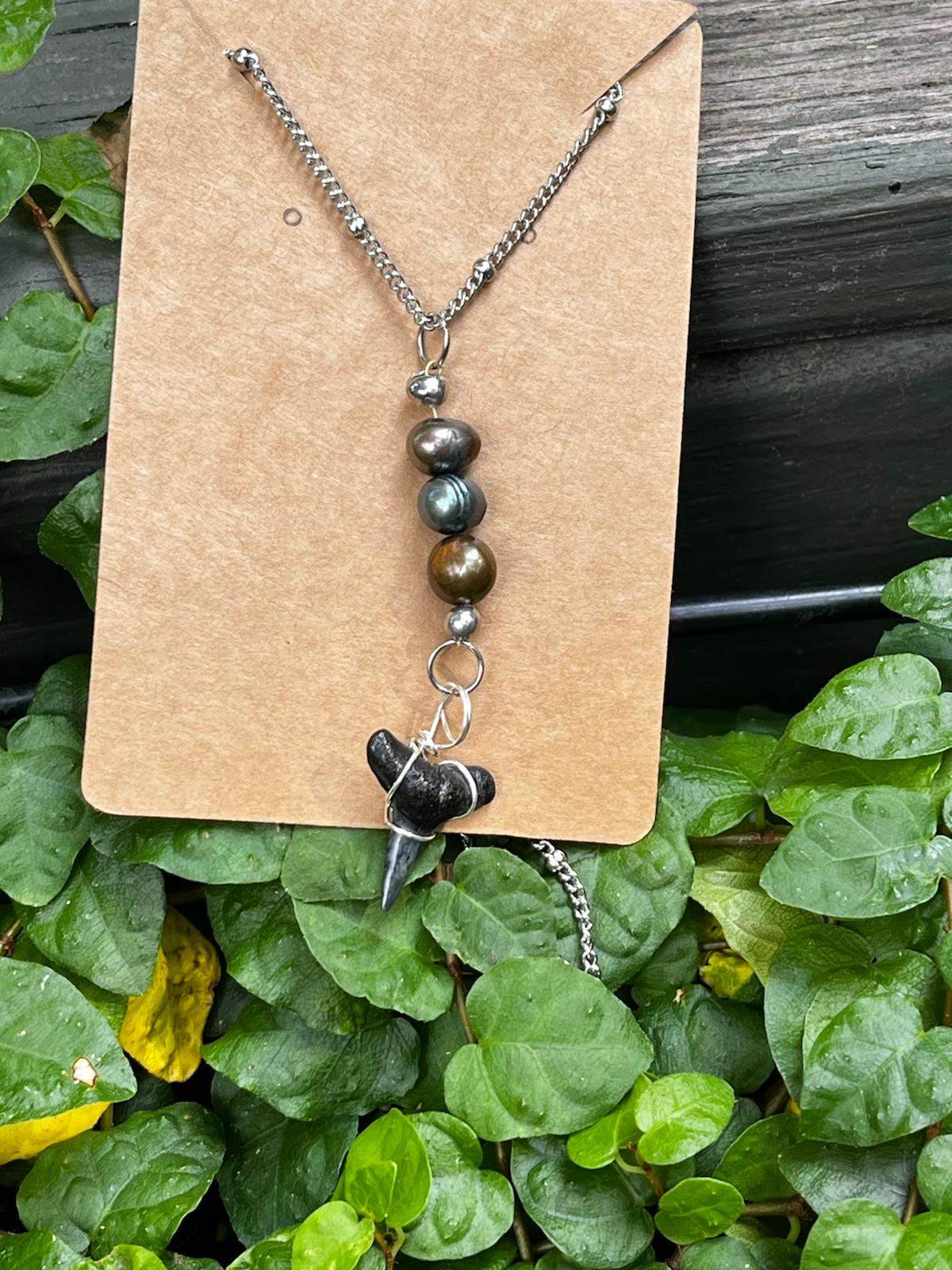 Silver Moon — Lemon Shark Tooth & Freshwater Pearl Necklace on Silver Chain