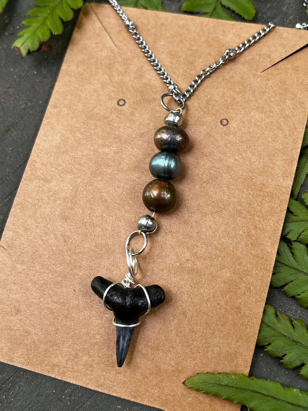 Silver Moon — Lemon Shark Tooth & Freshwater Pearl Necklace on Silver Chain