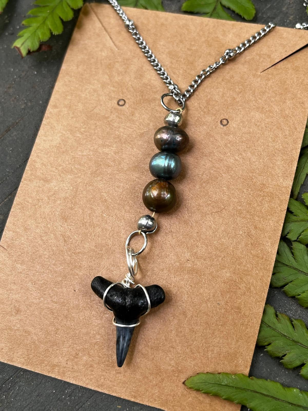 Silver Moon — Lemon Shark Tooth & Freshwater Pearl Necklace on Silver Chain