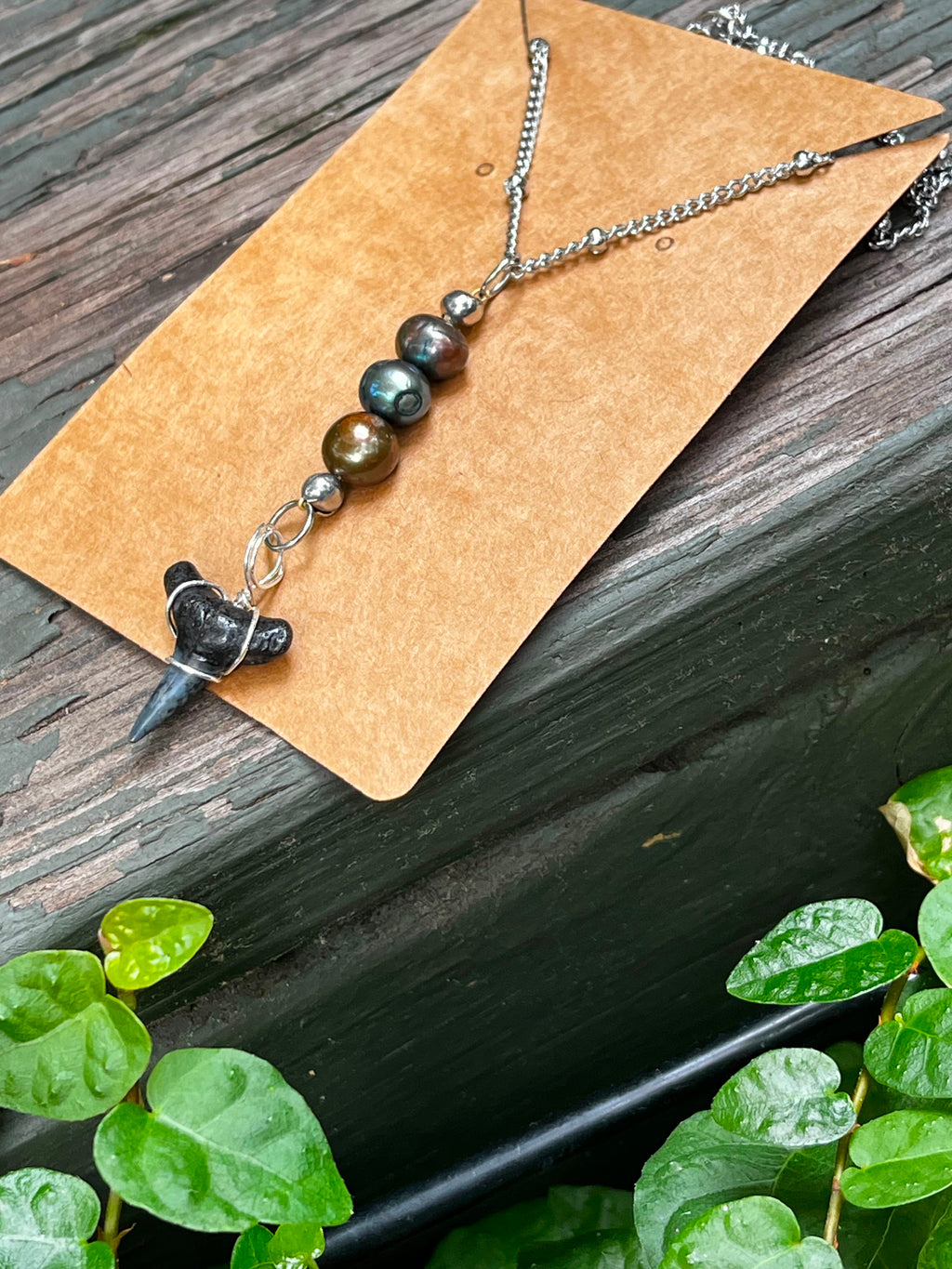 Silver Moon — Lemon Shark Tooth & Freshwater Pearl Necklace on Silver Chain