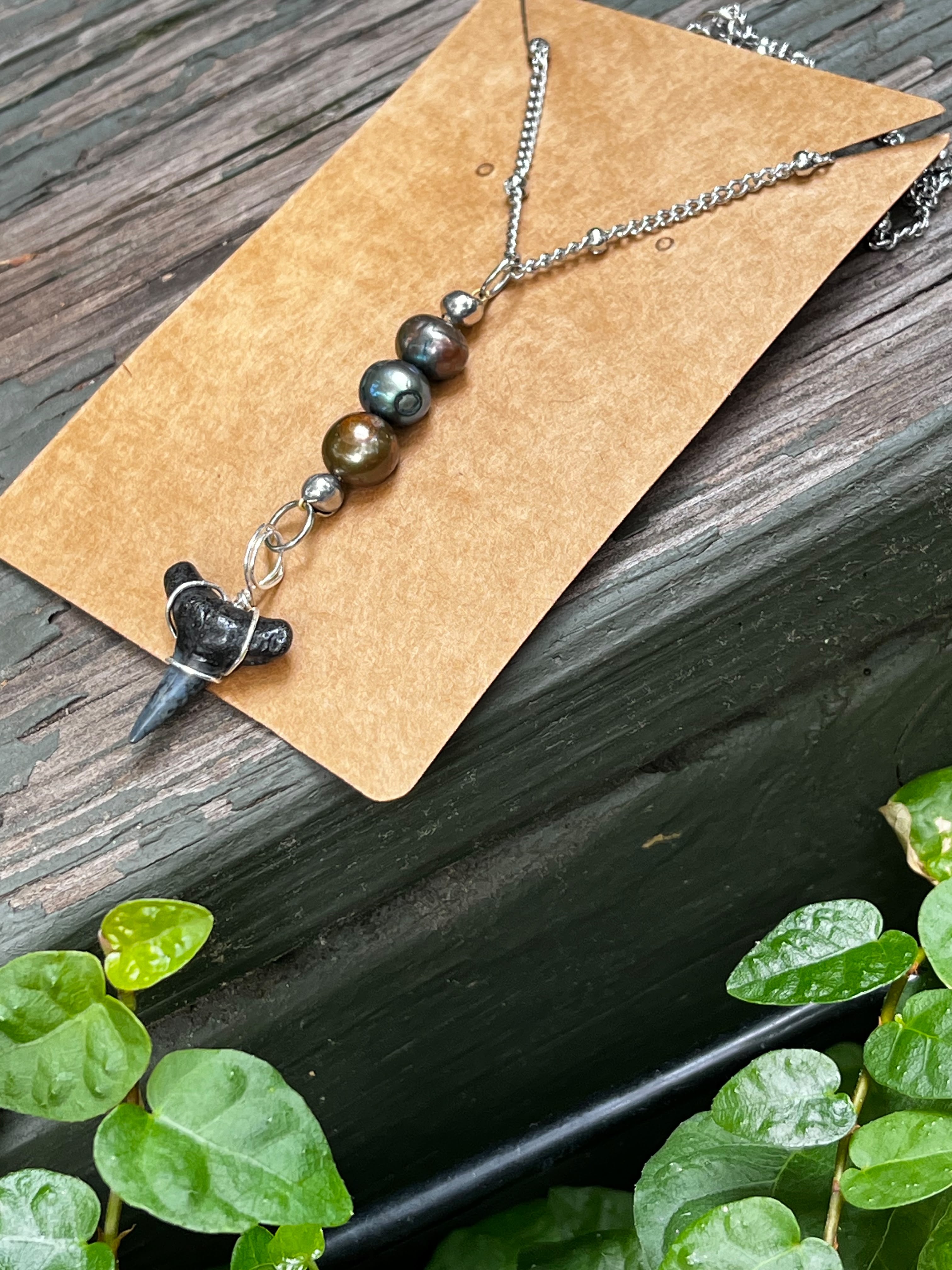 Silver Moon — Lemon Shark Tooth & Freshwater Pearl Necklace on Silver Chain
