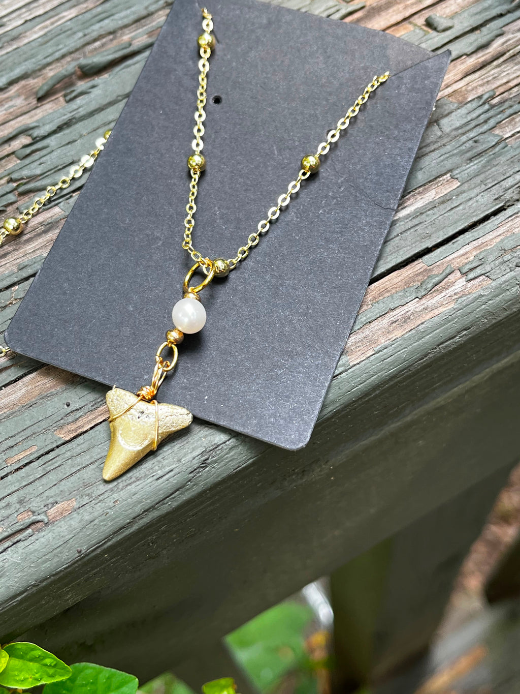 Grace & Grit Necklace — Gold Hand-Painted Bull Shark Tooth & Freshwater Pearl, Gold Beaded Chain | Fossil Shark Tooth Jewelry | Venice FL Collection