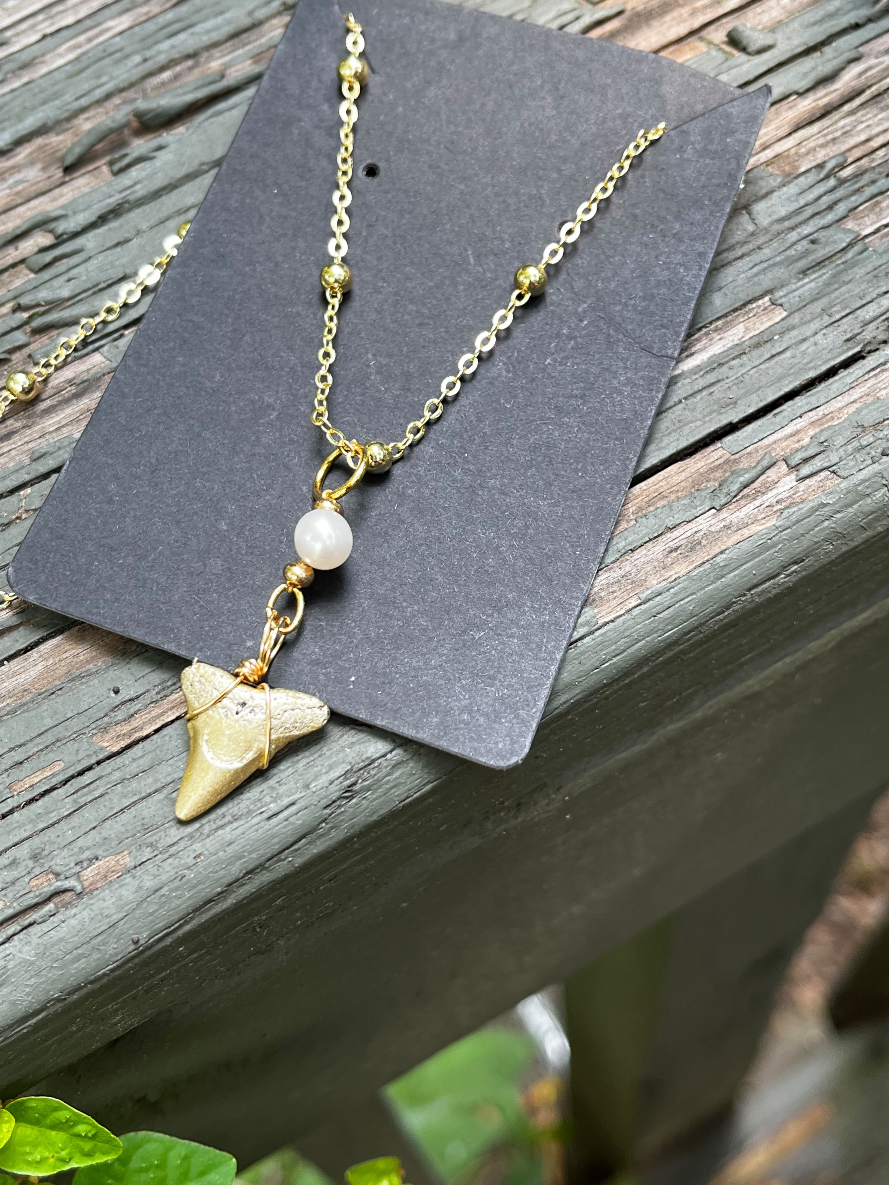 Grace & Grit Necklace — Gold Hand-Painted Bull Shark Tooth & Freshwater Pearl, Gold Beaded Chain | Fossil Shark Tooth Jewelry | Venice FL Collection