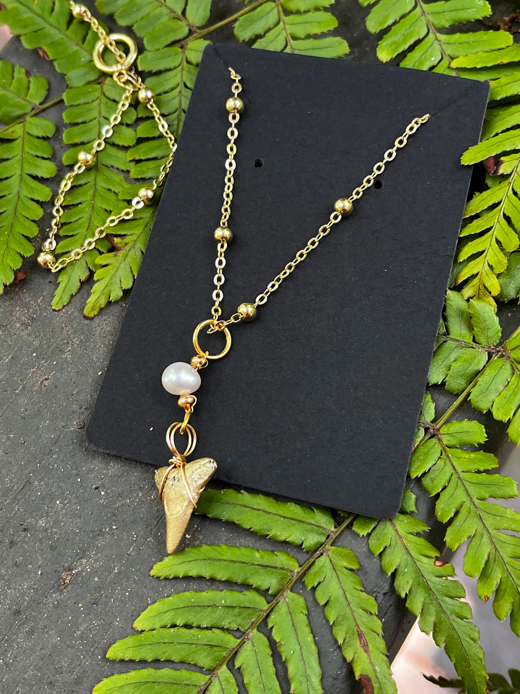 Grace & Grit Necklace — Gold Hand-Painted Bull Shark Tooth & Freshwater Pearl, Gold Beaded Chain | Fossil Shark Tooth Jewelry | Venice FL Collection