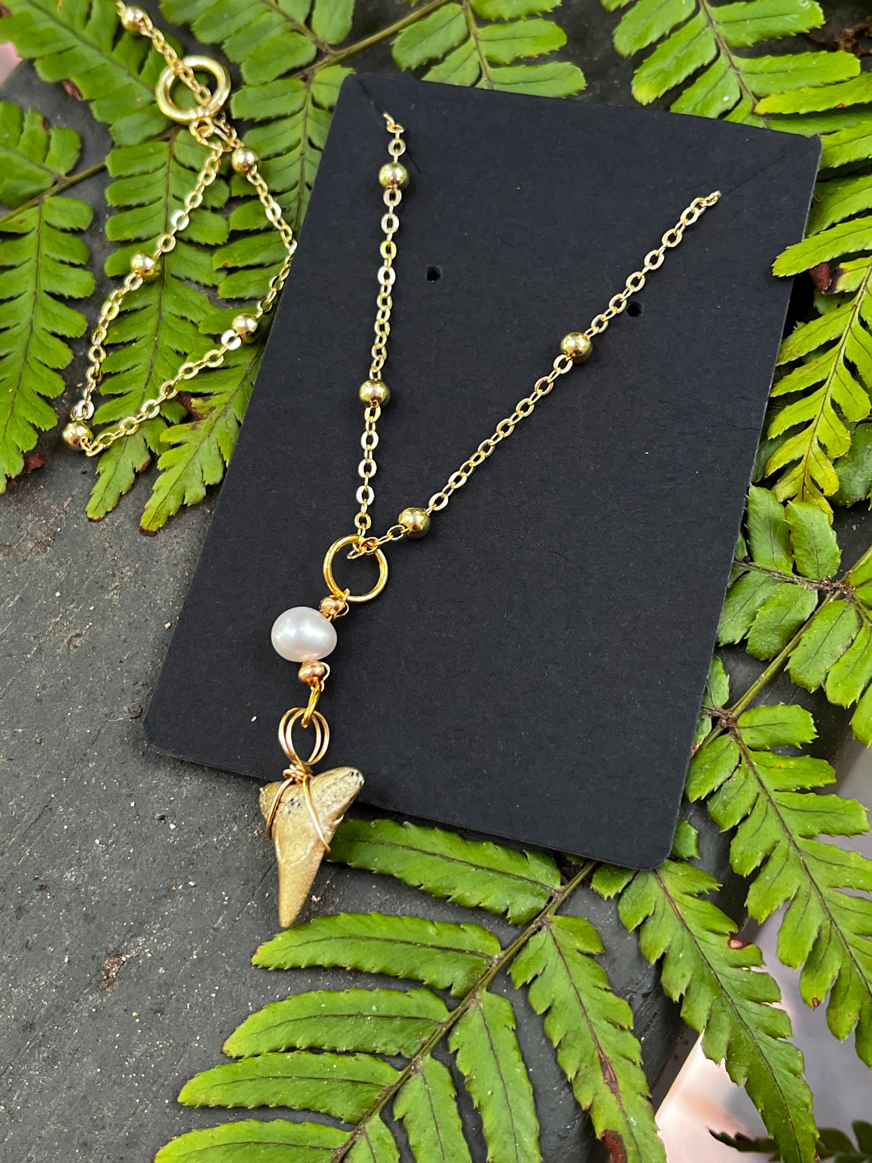 Grace & Grit Necklace — Gold Hand-Painted Bull Shark Tooth & Freshwater Pearl, Gold Beaded Chain | Fossil Shark Tooth Jewelry | Venice FL Collection
