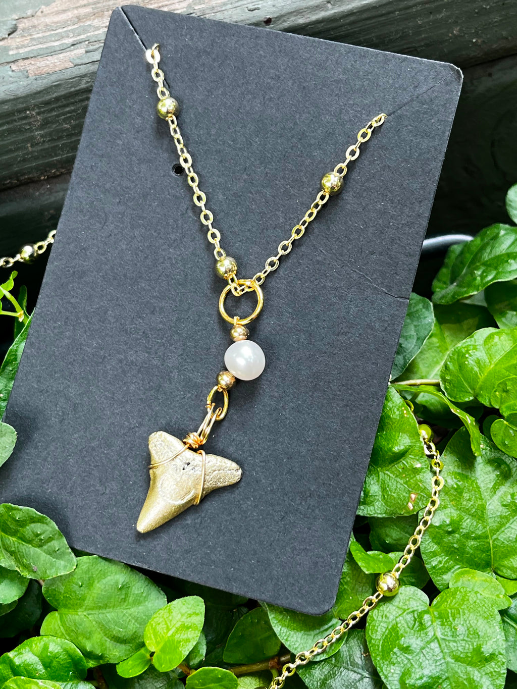 Grace & Grit Necklace — Gold Hand-Painted Bull Shark Tooth & Freshwater Pearl, Gold Beaded Chain | Fossil Shark Tooth Jewelry | Venice FL Collection