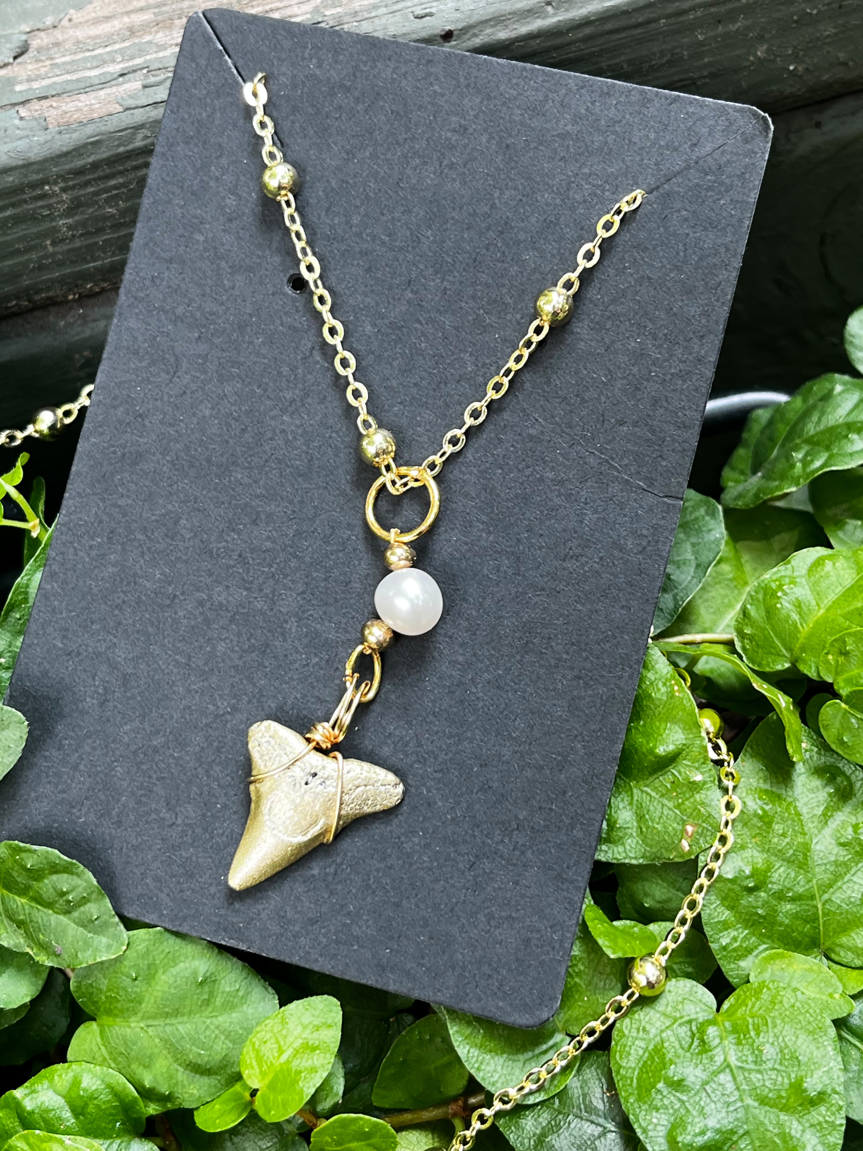 Grace & Grit Necklace — Gold Hand-Painted Bull Shark Tooth & Freshwater Pearl, Gold Beaded Chain | Fossil Shark Tooth Jewelry | Venice FL Collection