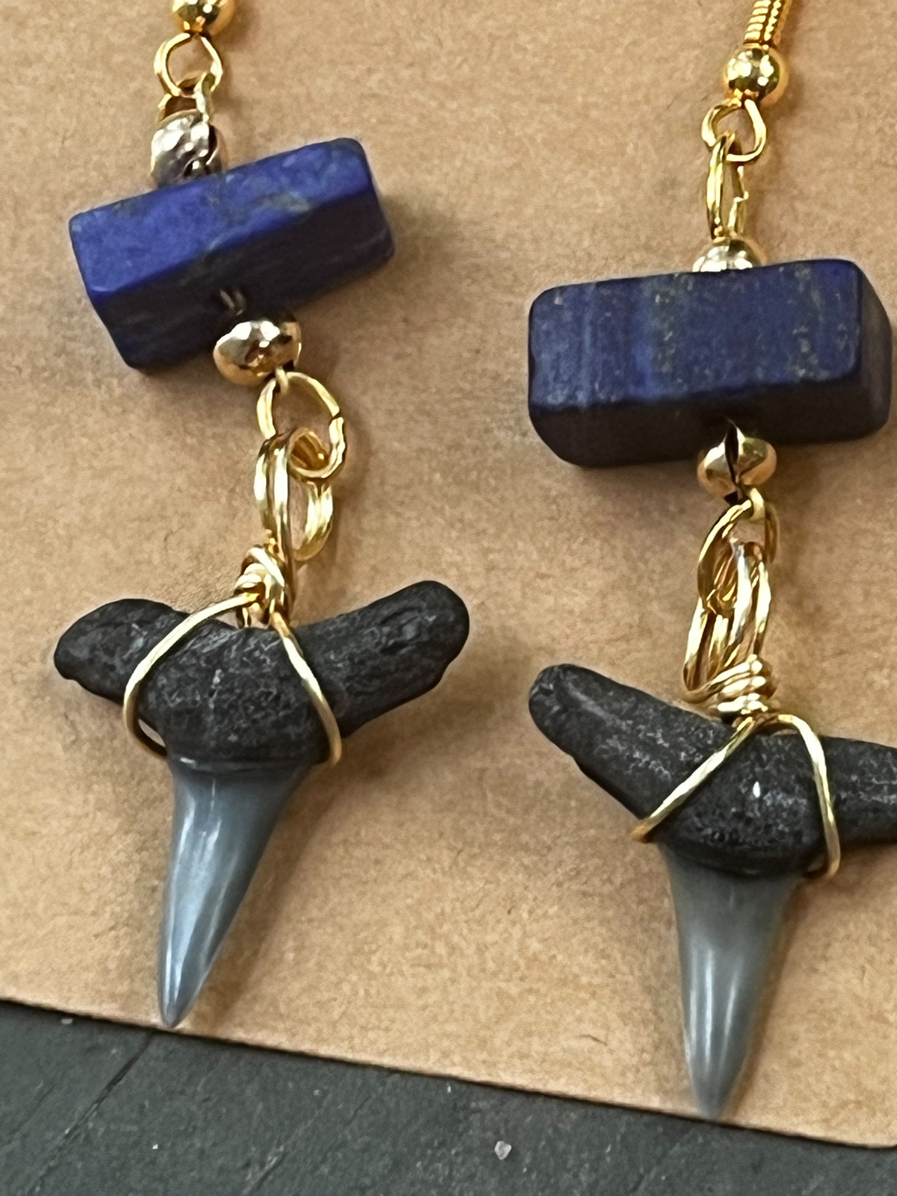 True Blue — Lapis Lazuli & Fossilized Shark Tooth Earrings