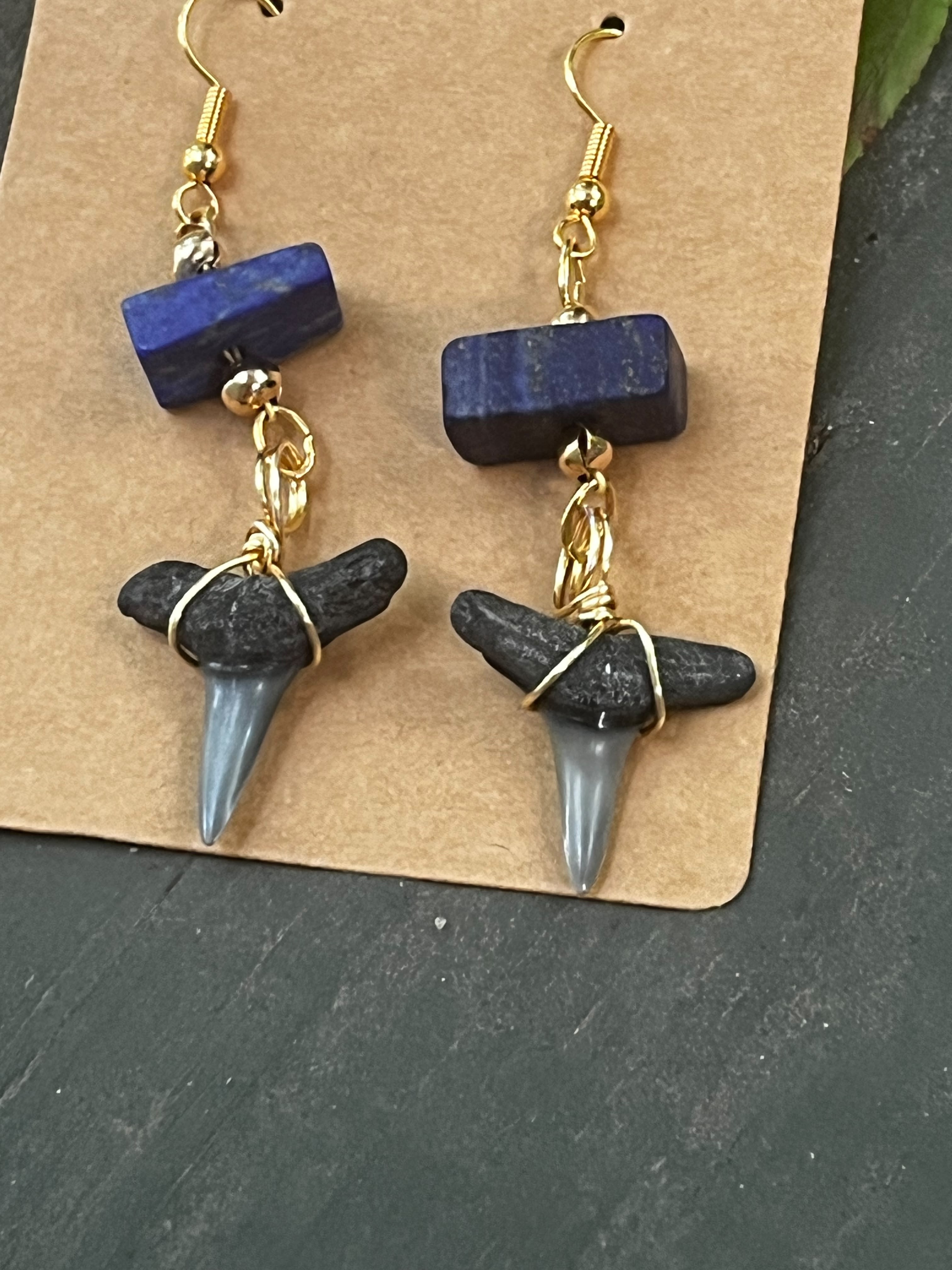 True Blue — Lapis Lazuli & Fossilized Shark Tooth Earrings