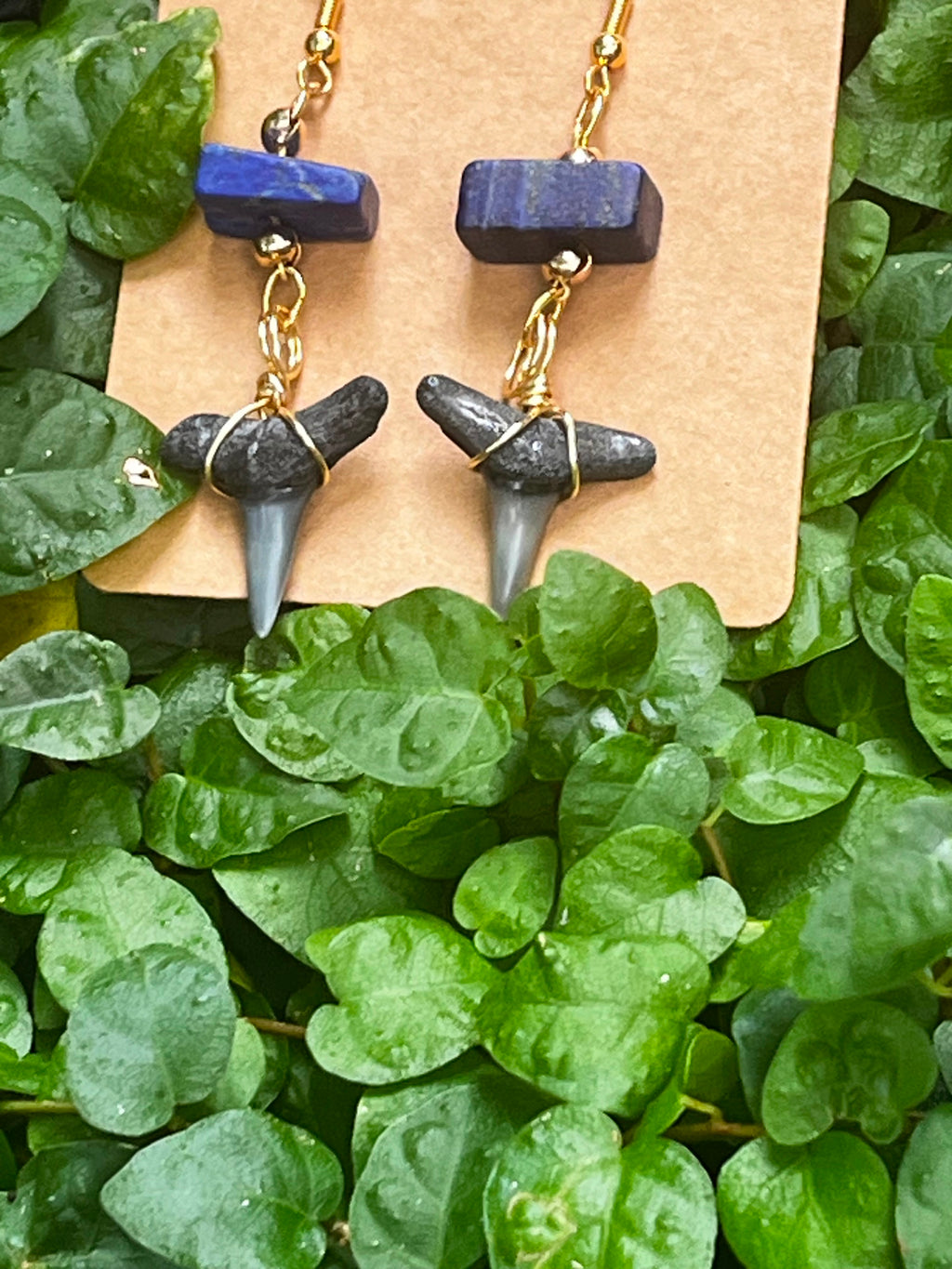 True Blue — Lapis Lazuli & Fossilized Shark Tooth Earrings