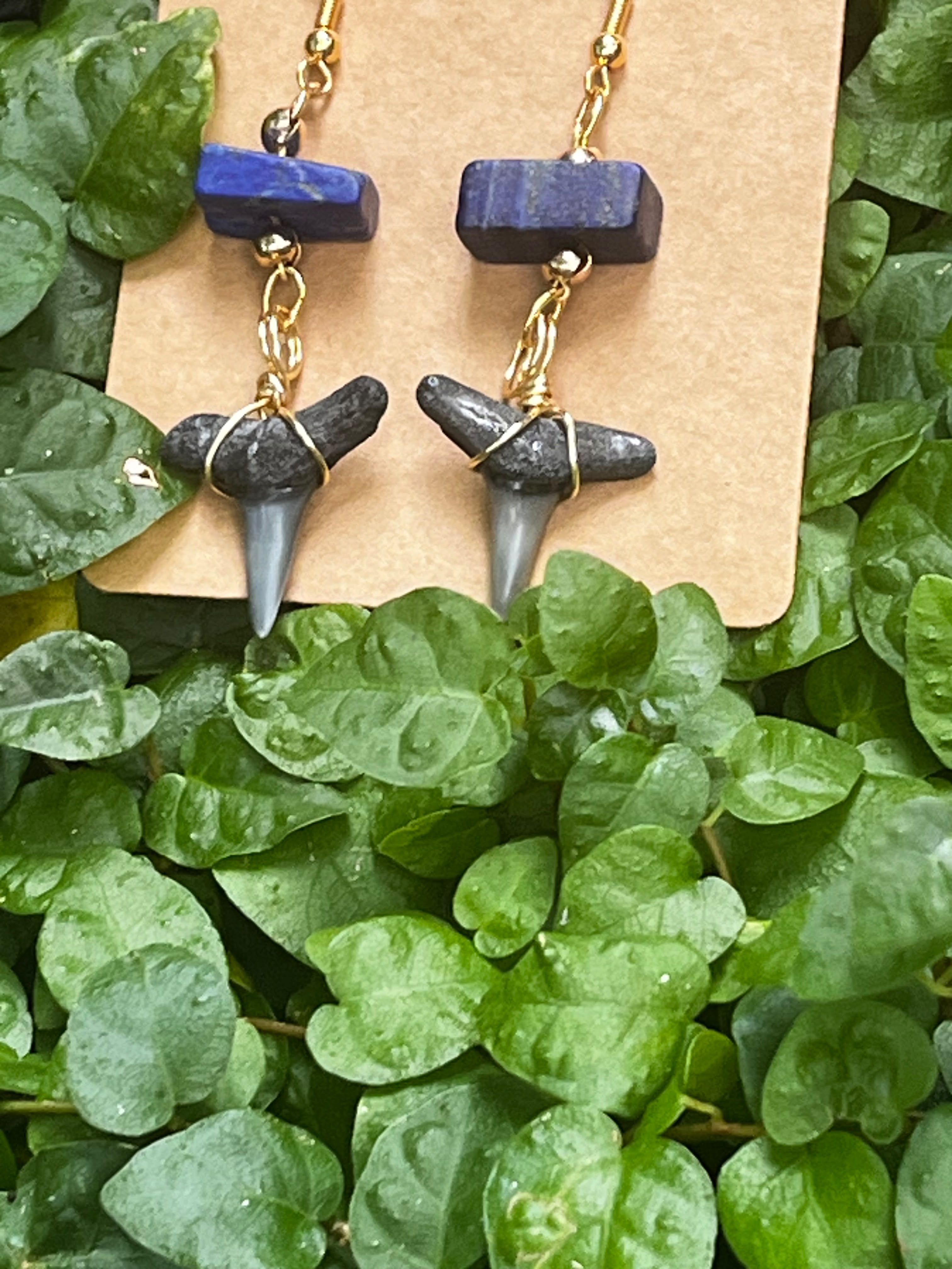 True Blue — Lapis Lazuli & Fossilized Shark Tooth Earrings